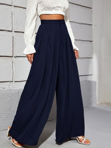 

high waist fold pleated wide leg pants d2vg#, Black;white