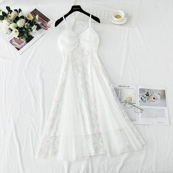 

casual dresses fitaylor summer women lace patchwork gauze sling dress lady slim white high waist a-line sleeveless female long, Black;gray