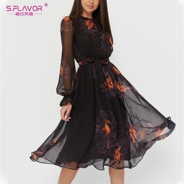 S.Flavor Outono Moda Chiffon Vestido Vintage Mulheres Impressão de uma linha Partido Vestidos de Bohemian Casual Midi Midi Sundress Femmale 210915