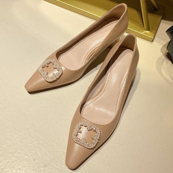 

women's genuine leather thick high heel pointed toe slip-on pumps beading buckle elegant ladies style daily dress shoes women, Black