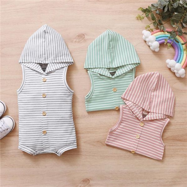 

jumpsuits born baby's stripe print jumpsuit boy girl short sleeve pants button hooded romper toddler clothes, Blue