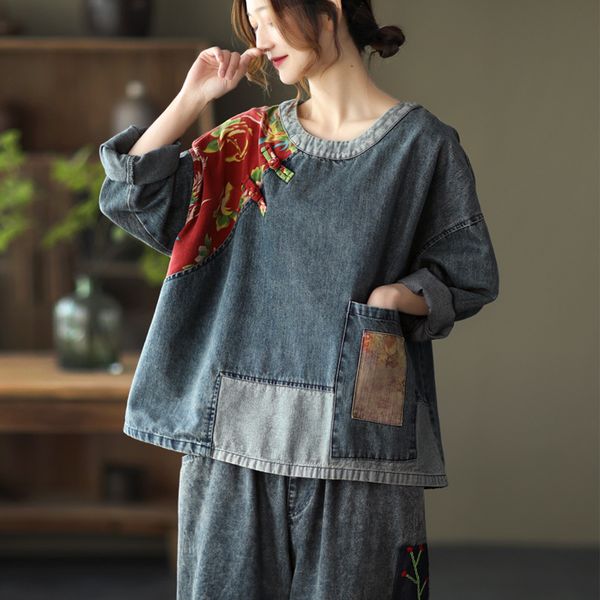

johnature women denim t-shirts vintage patchwork floral o-neck long sleeve loose spring chinese style female t-shirts 210521, White