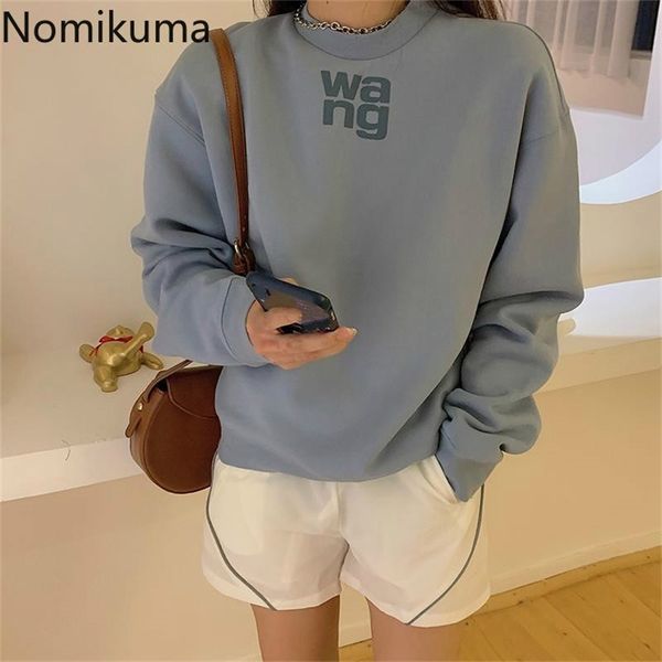 

nomikuma autumn winter fleece women sweatshirt letter printed korean causal pullover jumper long sleeve o-neck hoodie 6c177 210816, Black