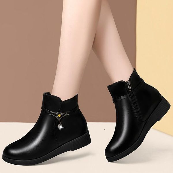 

boots winter warm snow shoes pu leather lace metal buckle with flat fashion ladies comfortable plus size, Black