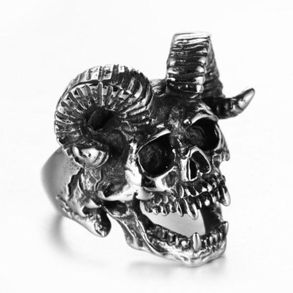 

cluster rings rugged rock punk vampire demon baphomet ram deity goat horns skull goth biker ring r00048, Golden;silver