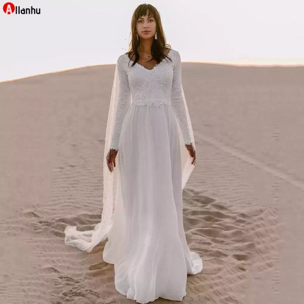 NOVO! Boho praia chiffon vestido de noiva costume mangas compridas v pescoço backless boêmio vestidos nupciais varredores robe de soirée de mariage