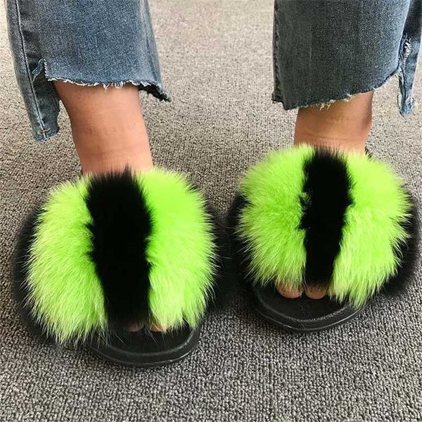 

summer women real fur slippers home fluffy sliders cute ladies furry shoes female raccoon flip flops, Black