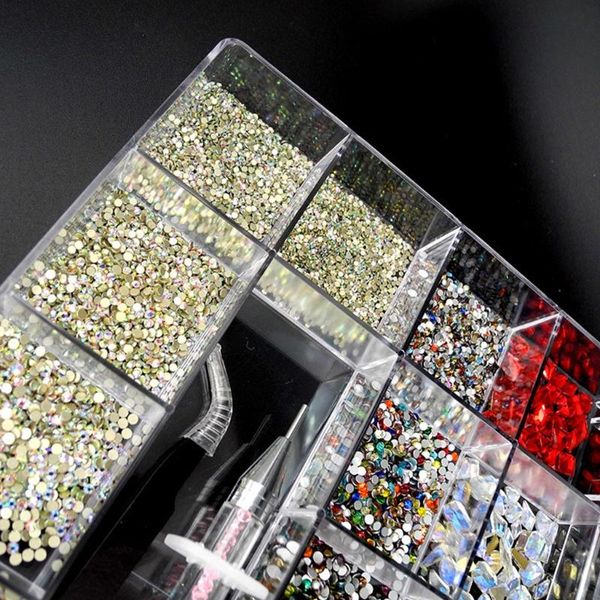 

nail art decorations 094e 21 grids glass multi shapes with dual-ended dotting pen tweezers set diy nails manicure tool, Silver;gold