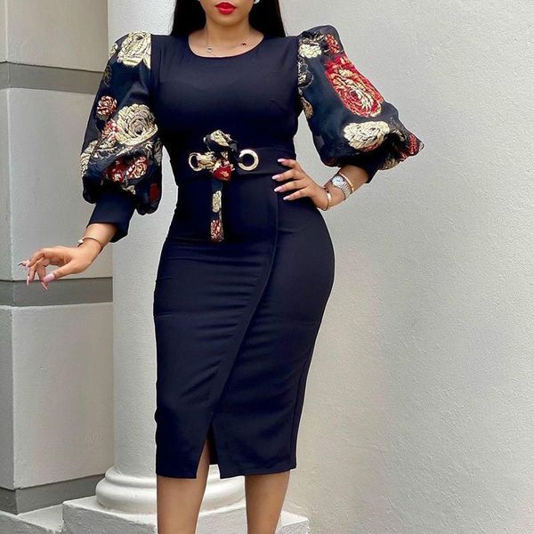 

women bodycon dresses plus size club outfits elegant office ladies work dress lantern long sleeve african women's 2021 casual, Black;gray