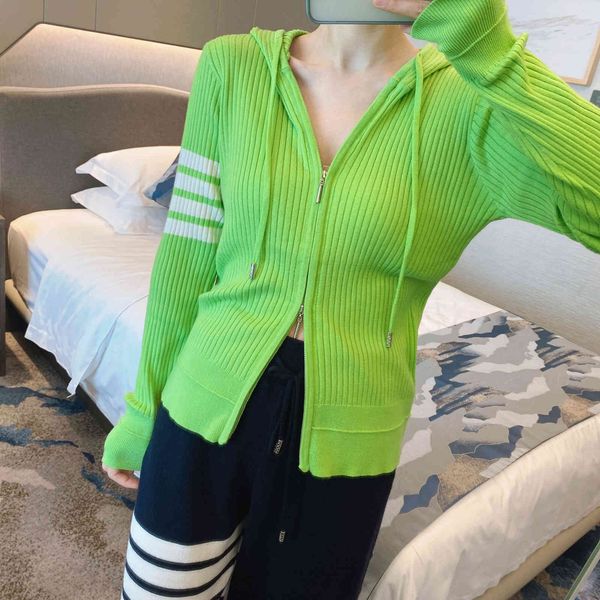 

2021 early autumn new hooded knit cardigan lazy wind stripe double zipper long sleeve loose top, White;black
