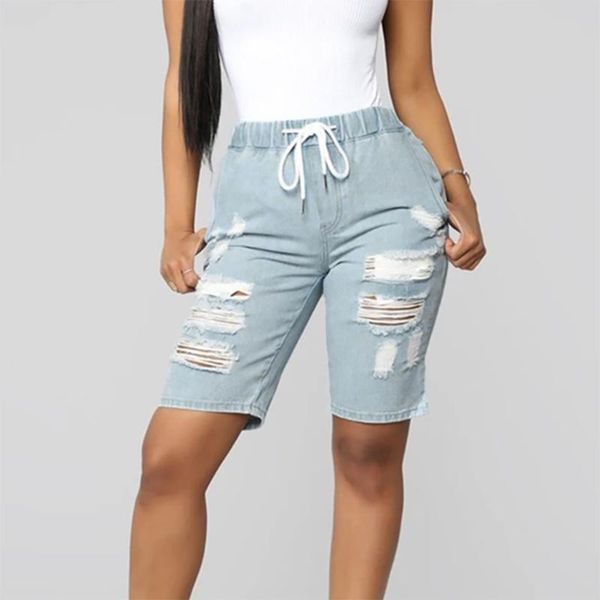 

women's jeans casual elastic belt tether solid hole shorts boyfriend for women spodnie damskie ropa mujer dropship z, Blue