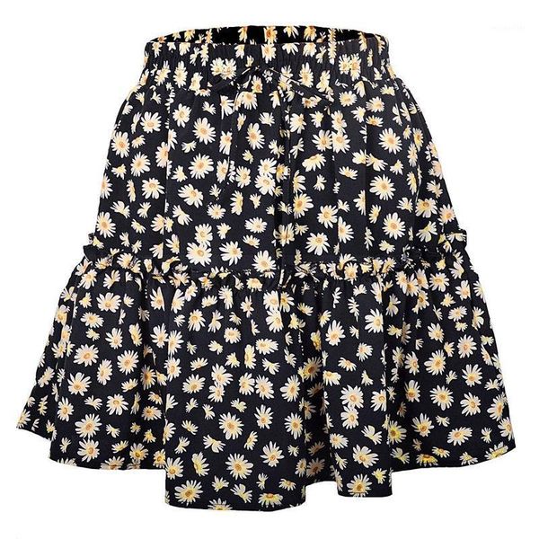 

summer women's floral short skirt small daisy print pleated cute sweet skirts, Black