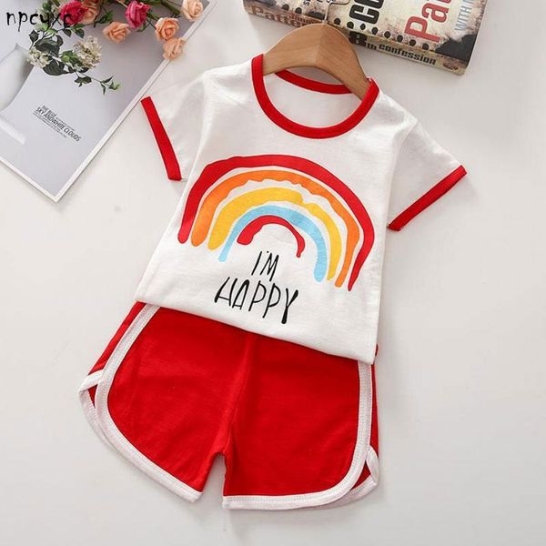 

summer baby t shirt shorts children clothing cartoon boys kids rainbow stripes girls cute outfits toddler leisure 1-6 years sets, White