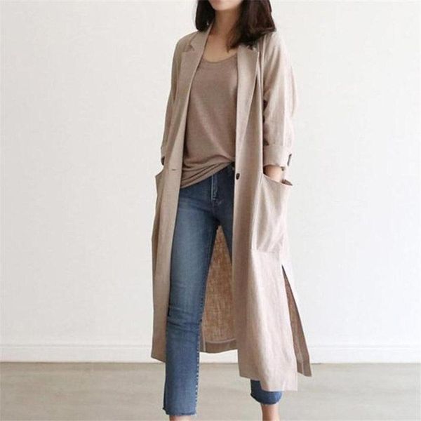 

women's trench coats hzirip arrivals cotton linen windbreaker sunscreen single-button autumn solid brief all match thin cardigans long, Tan;black