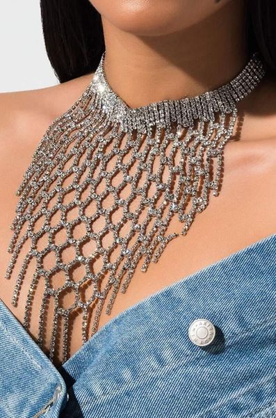 

luxury lattic hollow out fringe necklace chokers for women silver rhinestone tassel jewelry ladies party, Golden;silver