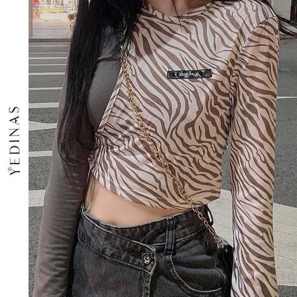 Yedinas Mode Sexy Leopard Print Patchwork T-shirt Frauen Langarm Crop Top Club Party Nacht T-shirts Dünne Koreanische Stil 210527