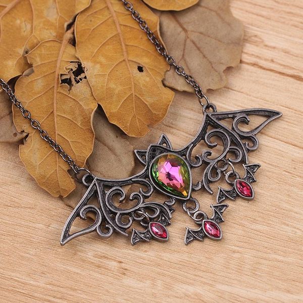 

pc vintage halloween necklace alloy bat animal pendant red rhinestone necklaces for women men holiday party jewelry gifts, Silver
