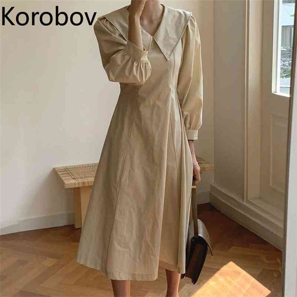 

korobov korean chic minimalism elegant lapel open line design is thin waist big swing puff sleeve dress 210430, Black;gray