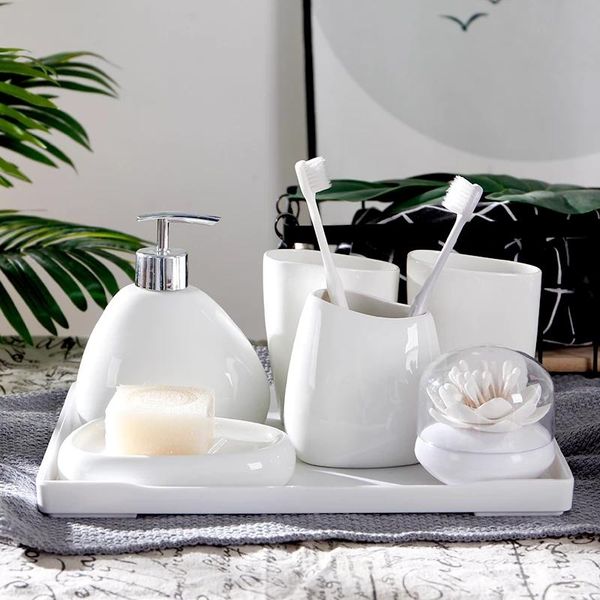 

white ceramic bathroom supplies set, toothpaste dispenser, toothbrush holder, cotton swab box, decoration accessories bath accessory set