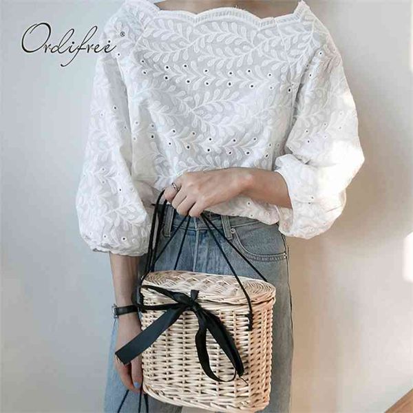 

summer women embroidery blouse casual cotton white lace shirt 210513
