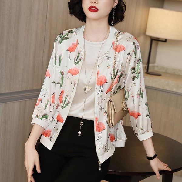 

women's jackets 2021 spring summer women flower print long sleeve breathable transparent sunscreen clothing fashion loose wild baseball, Black;brown