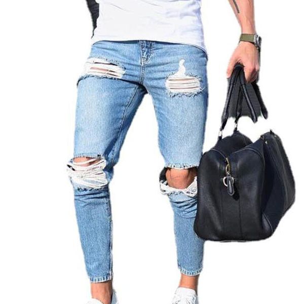 

men's jeans classic style skinny pants distressed ripped blue casual water wash