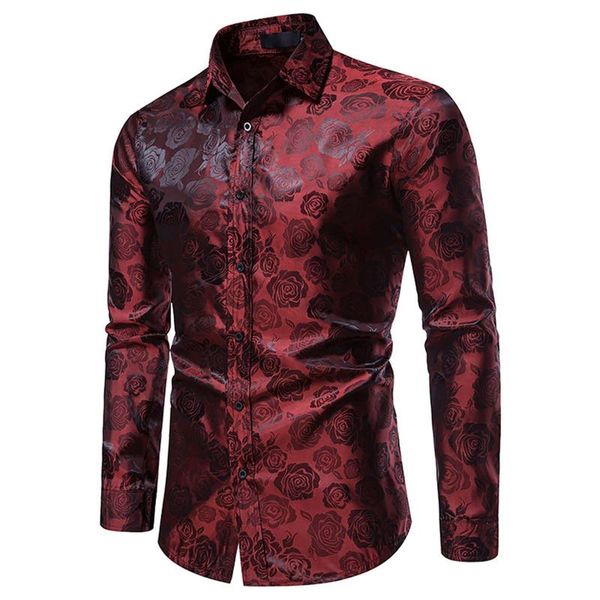 

men's casual shirts autumn men slim rose print plus size fashion long-sleeved lapel social shirt party holiday ropa hombre, White;black