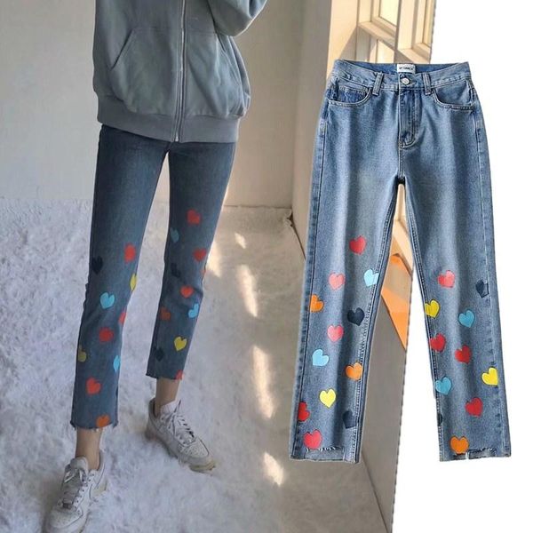 

women's jeans american net red retro love print straight leg pants, Blue