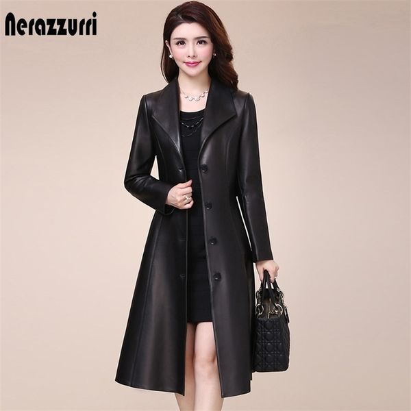 

nerazzurri spring autumn long black soft faux leather coat women long sleeve buttons slim fit elegant leather jacket women 211007