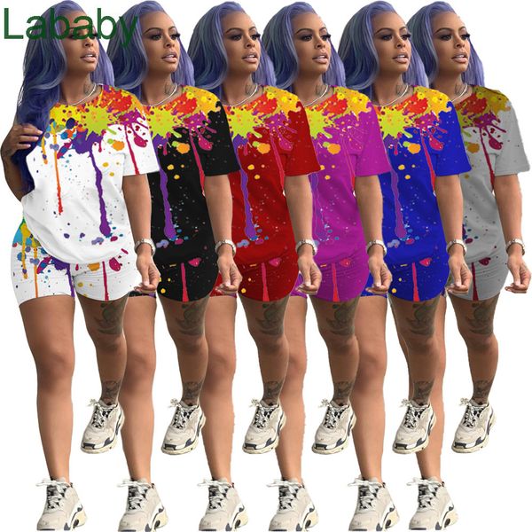 

2021 women summer short set 2 piece set outfits fashion ink-jet printing short sleeve tracksuits t shirt shorts jogging suit plus size, White