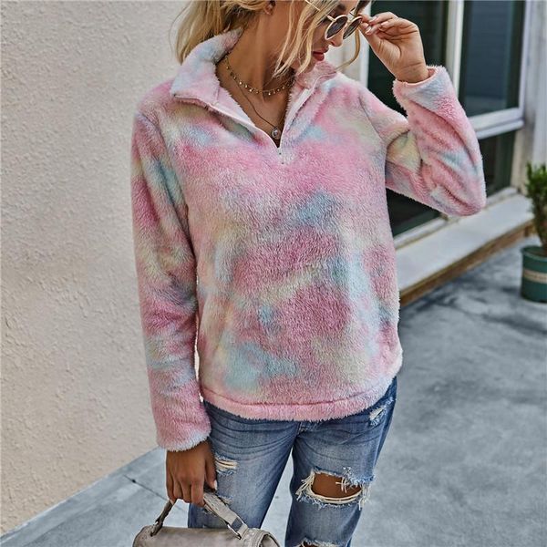 

women's hoodies & sweatshirts 2021 autumn women plush sweatshirt casual long sleeve winter warm stand collar tie dye print pullover fas, Black
