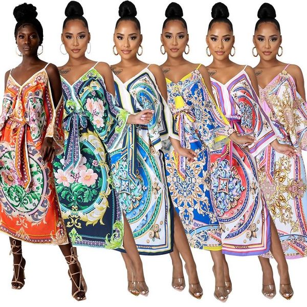 

women's swimwear 2021 retro printed off shoulder beach dress cover-ups women high split bikini cover up beachwear, White;black