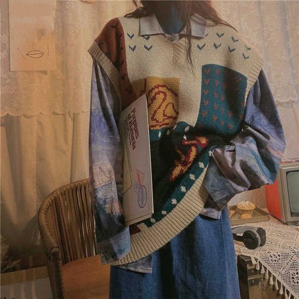Mulheres Harajuku Sweater Colete Outono Estilo Coreano Vintage Impresso V Neck Sem Mangas Pullovers Mulheres de malha Sleeers 210706