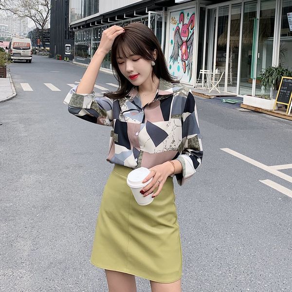 

spring korean vintage plaid print ins shirt long sleeve lapel single breasted chiffon thin light shirt blouse women 210515, White