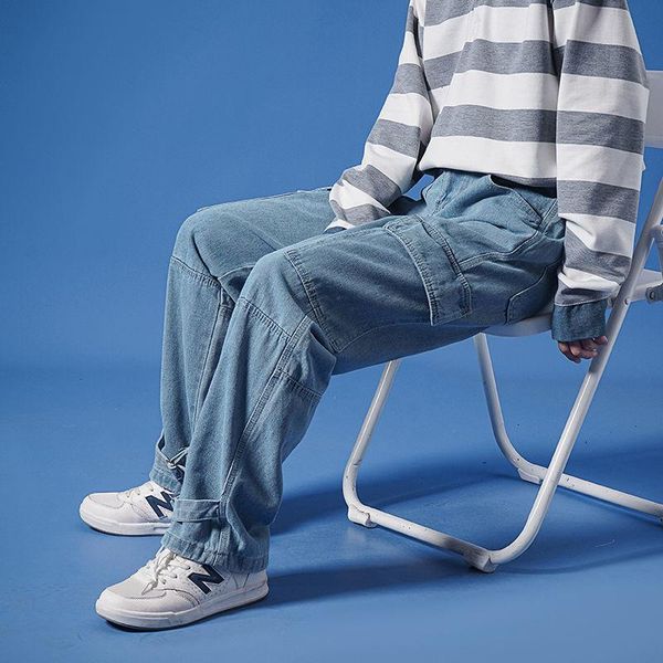 

men's jeans fashion clothing man straight casual mans 2021 korean collage hip hop woman couple loose denim pants, Blue