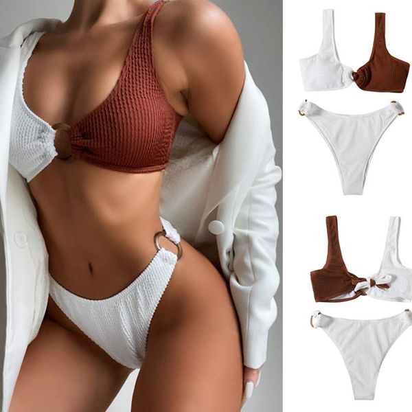 

women's swimwear ladies summer split set, adults women creative double color splicing ring decoration bikini swimsuit for vacation, White;black