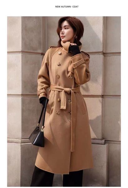 

women's trench coats autumn and winter fashion wool cashmere coat long water ripple fabric women's classic british style 86nu, Tan;black
