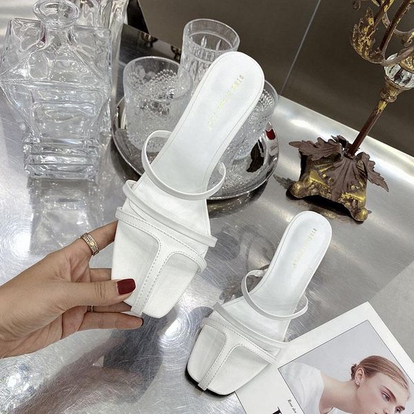 

slippers lanlojer 2021 summer strappy women pumps mules sandals shoes high heels square toe ladies slides, Black