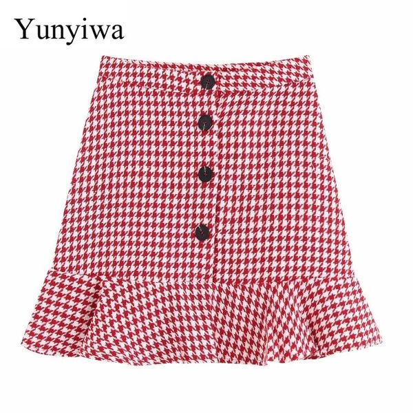 

skirts 2021 women high street red plaid houndstooth print hem ruffles mini skirt faldas mujer ladies single buttons chic, Black