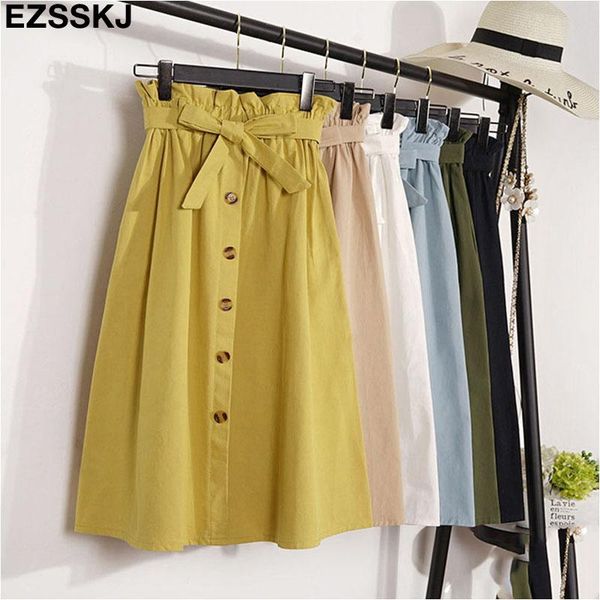 

skirts spring summer womens 2021 midi knee length korean elegant button high waist skirt female pleated school, Black