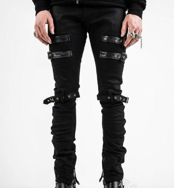 

punk rock gothic medieval cosplay costume men vintage carnival party viking knight steampunk cross bandage belt tight pants men's, Black