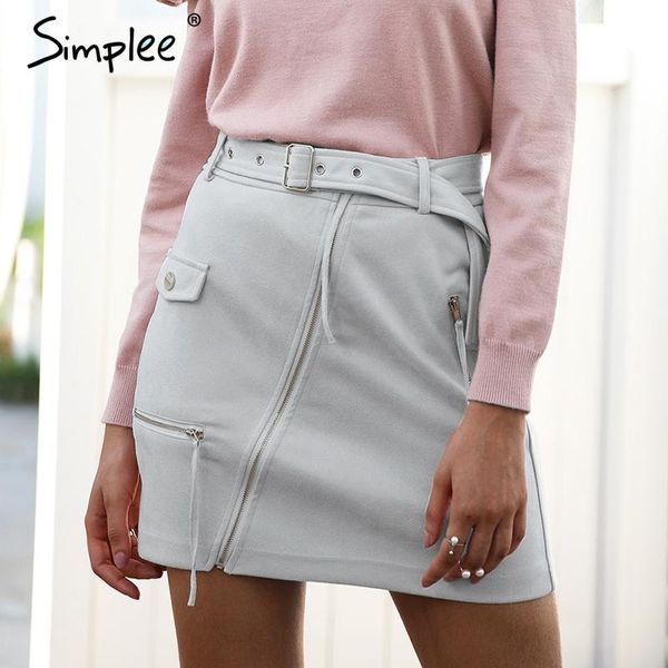 

simplee suede zipper mini skirt women streetwear motorcycle belt pencil fashion elegant winter short female 2021 skirts, Black