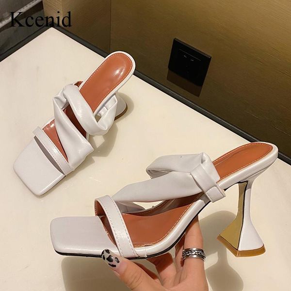 

slippers kcenid 2021 summer mules shoes woman square toe high heels slides ladies party pumps gold black white big size 35-42