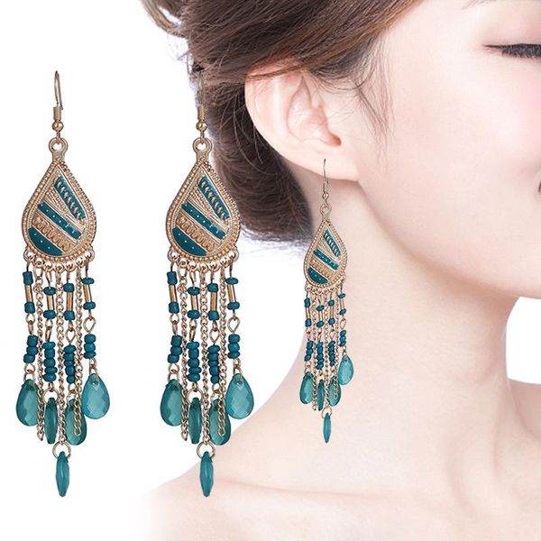 

hoop & huggie multi-layer water drop long earrings female creativity bohemian rice beads tassel beach resort style, Golden;silver
