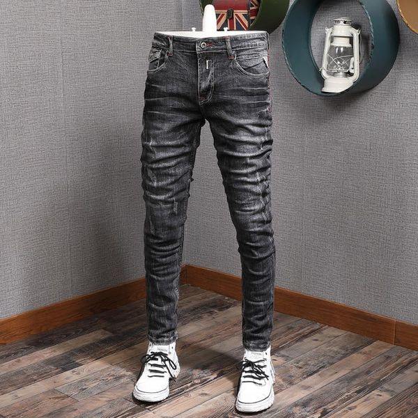 

men's jeans fashion scratched gray black men autumn cotton streetwear slim fit denim pants, Blue