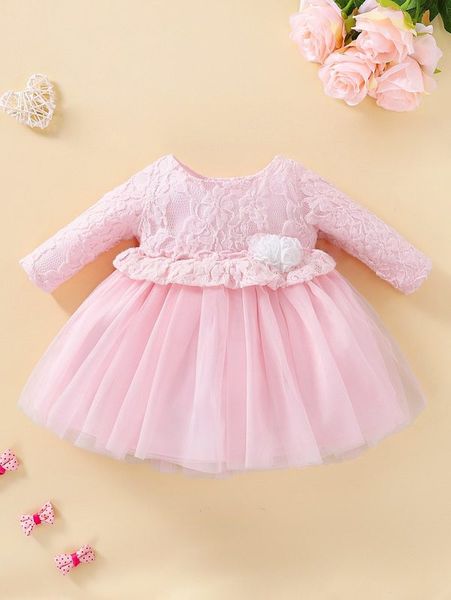 

baby contrast lace stereo flower frill trim mesh dress she01, Red;yellow