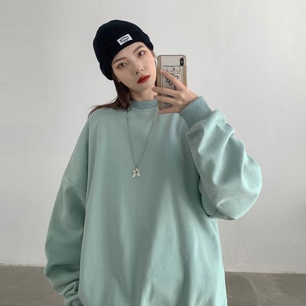 

2021 new korean version solid color sweater female student loose leisure spring and autumn sports round neck pullover thin cap, Black