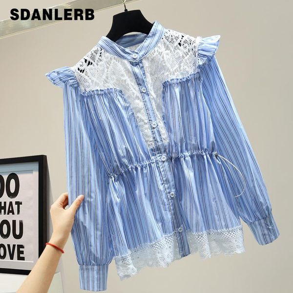 

women's shirt 2021 lace panel striped shirts elegant hollow patch long sleeve blouse female clothes white blouses &