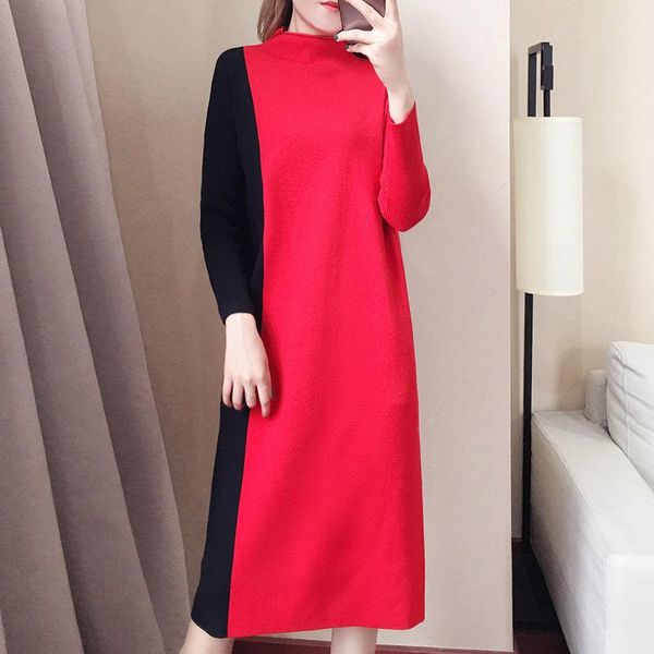 

casual dresses fashion hit-color women thick dress long sleeve vintage warm sweater knitted elegant autmn winter loose clothes s-xl, Black;gray