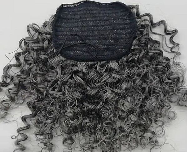 

gray kinky curly brazilian hair ponytail puff bun updo women grey hair extension dawstring clip ins two tone mixed natural highlights pony t, Black